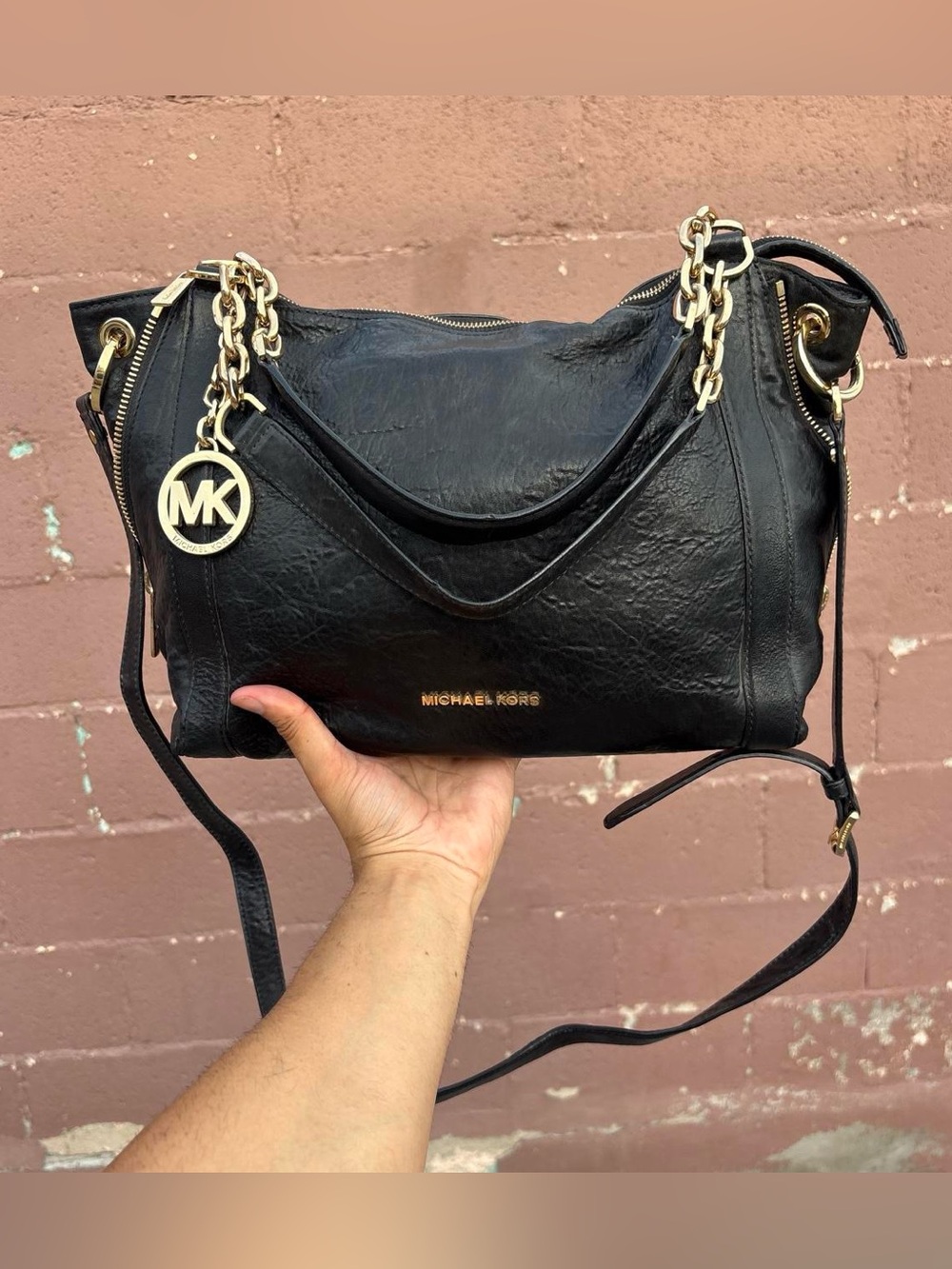 Michael Kors Black Leather Shoulder Bag with Gold Accents
